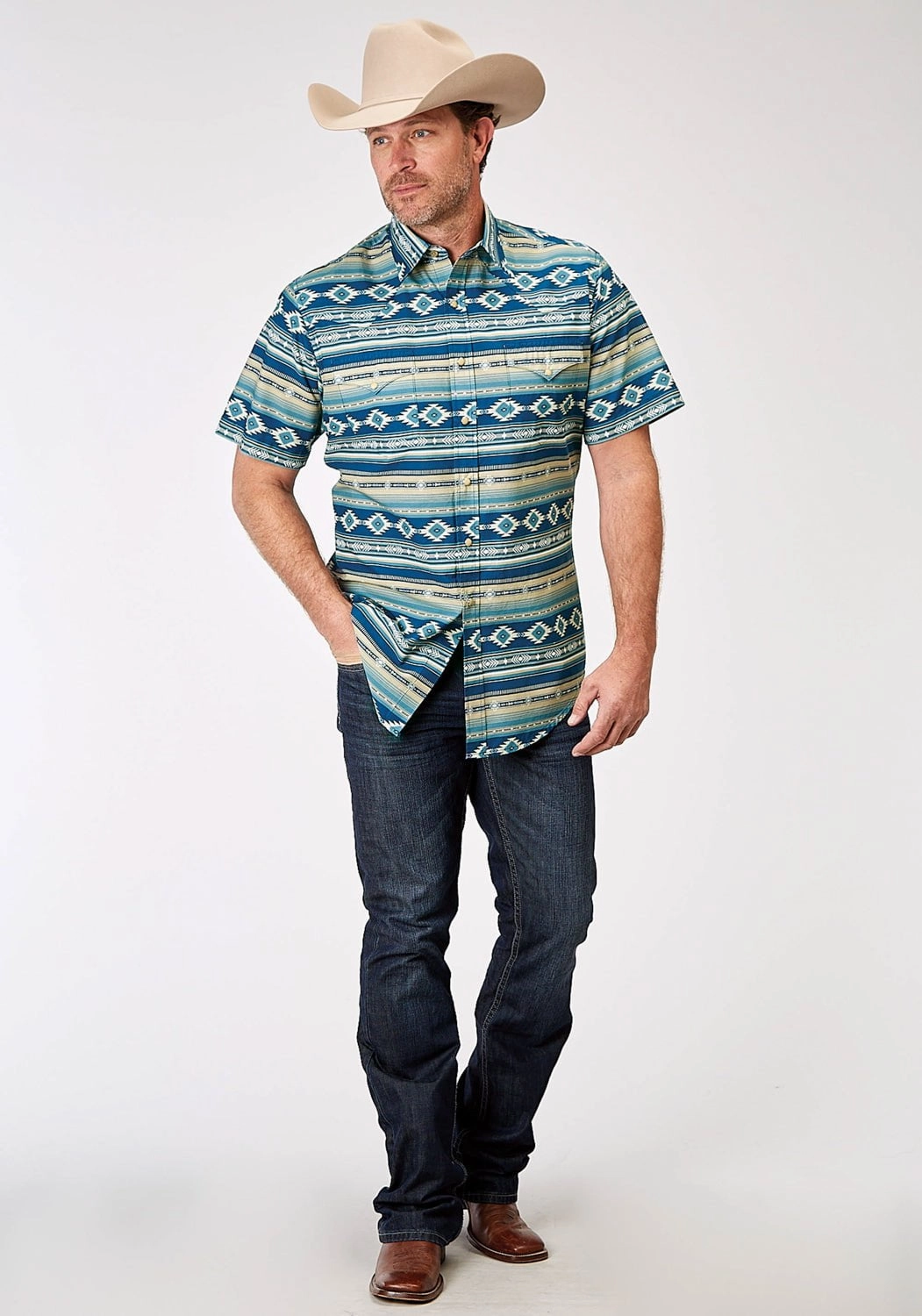 Roper Mens 1899 Aztec Blanket Blue 100% Cotton S/S Shirt Classic Style Earthy Palette