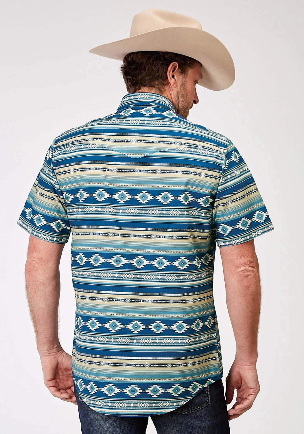 Roper Mens 1899 Aztec Blanket Blue 100% Cotton S/S Shirt Low Maintenance