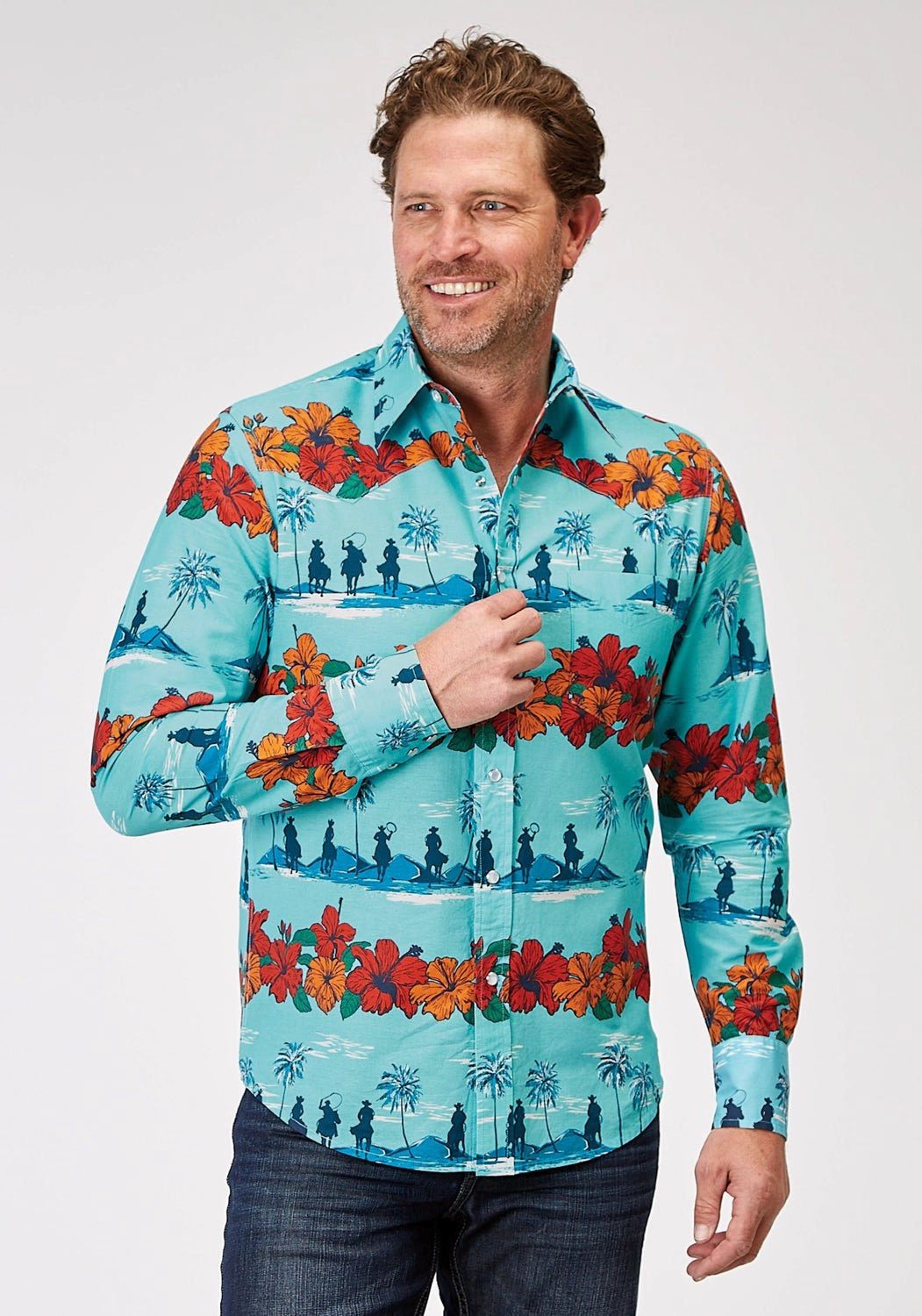 Roper Mens 1900 Hawaiian Blue 100% Cotton 1 Pkt L/S Shirt Lightweight Feel