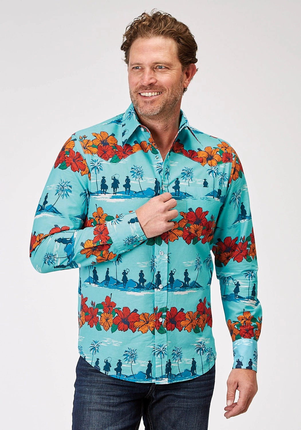 Mountain Escape Roper Mens 1900 Hawaiian Blue 100% Cotton 1 Pkt L/S Shirt