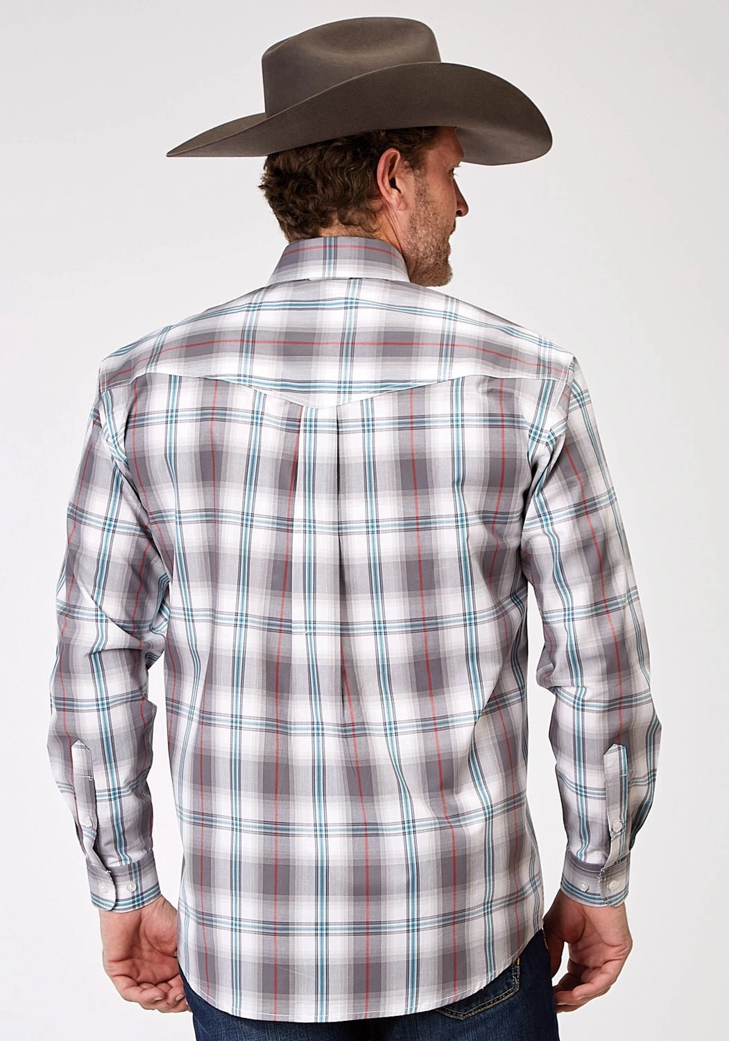 Striped style Abrasion Resistant Edging Roper Mens 1941 Cloud Plaid Grey 100% Cotton Btn L/S Shirt