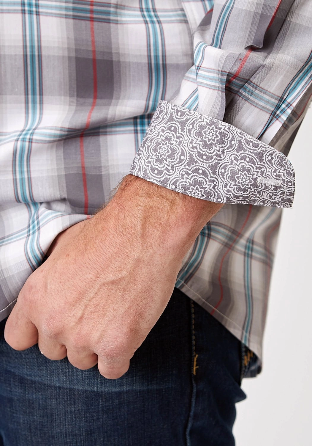 Roper Mens 1941 Cloud Plaid Grey 100% Cotton Btn L/S Shirt Mountain Retreat Thermoregulating Fabric