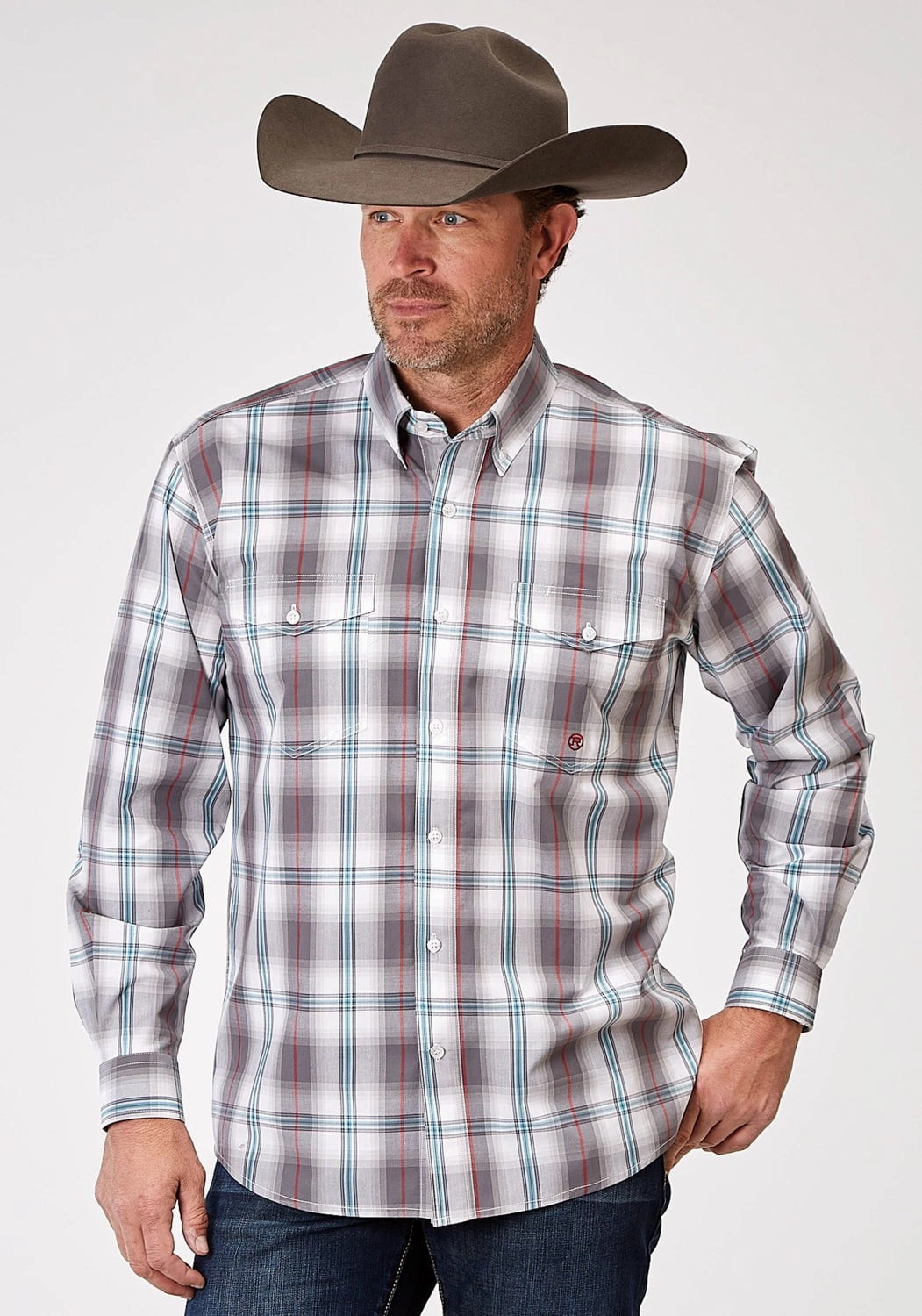 Classic Collar Roper Mens 1941 Cloud Plaid Grey 100% Cotton Btn L/S Shirt