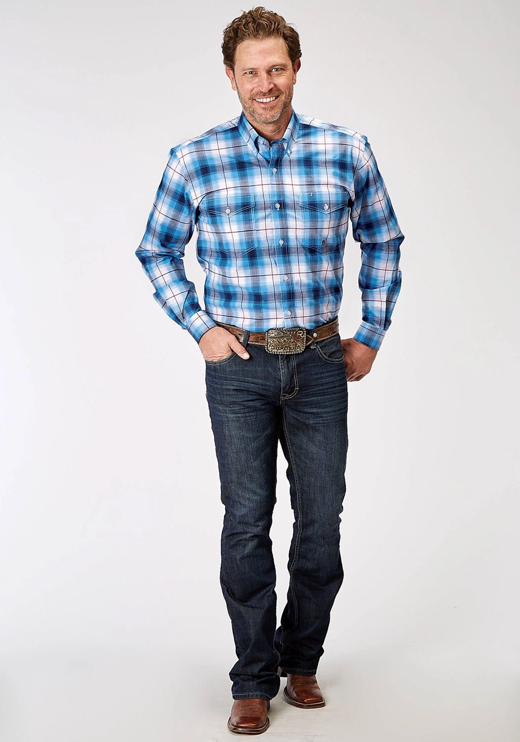 Roper Mens 1945 Poplin Plaid Blue Cotton Blend Btn L/S Shirt Neutral Tones Outerwear Companion