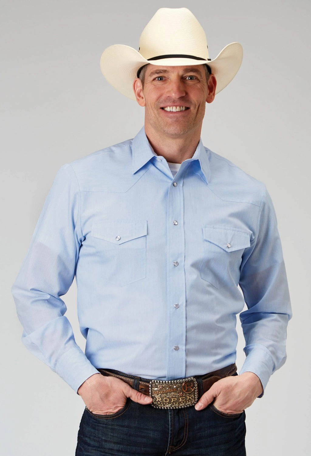 Roper Mens 1960 Tonal Stripe Blue Poly/Cotton L/S Shirt High-End Finish