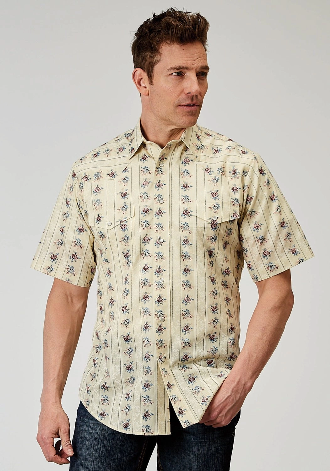 Mountain Retreat Street Fashion Roper Mens 1963 Floral Stripe Yellow Cotton Blend S/S Shirt