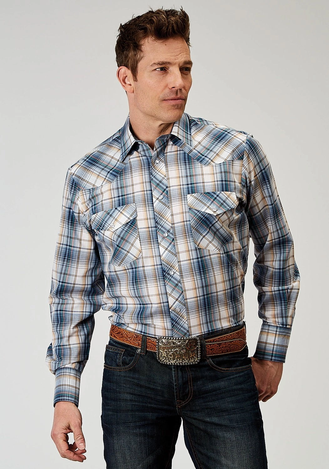 Odor Control Fabric Roper Mens 1971 Madras Plaid Blue Cotton Blend L/S Shirt