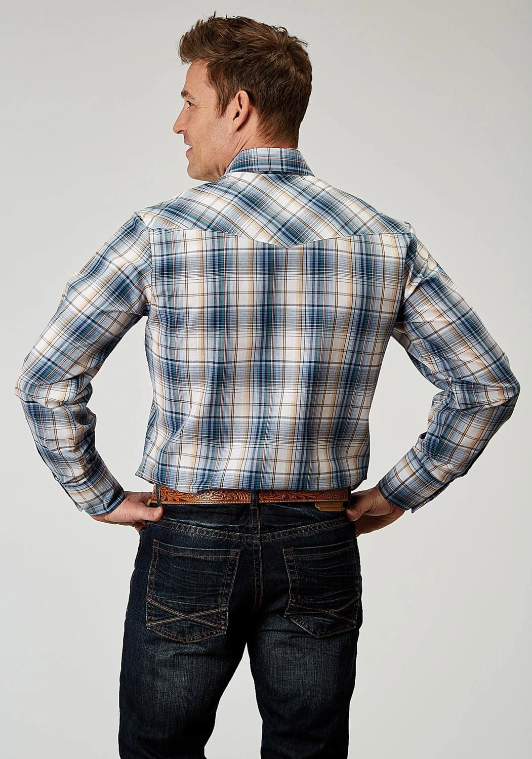 Reinforced Side Vents Corporate Event Roper Mens 1971 Madras Plaid Blue Cotton Blend L/S Shirt