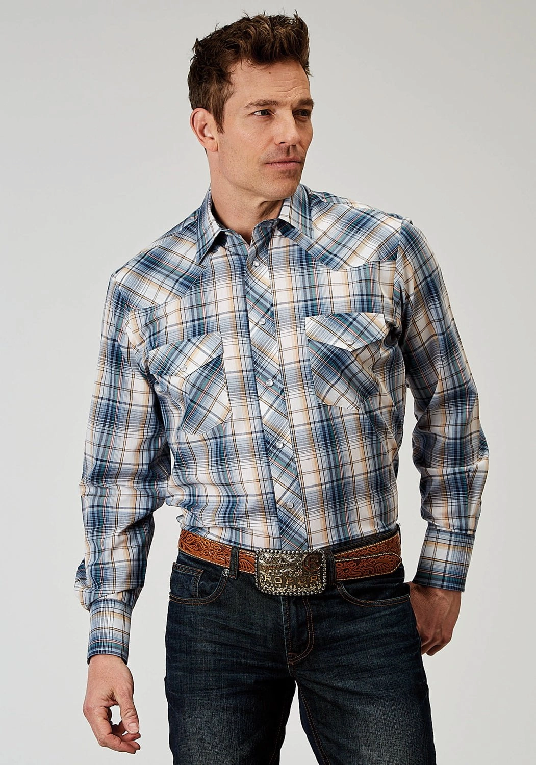 Roper Mens 1971 Madras Plaid Blue Cotton Blend L/S Shirt Odor Resistant Embroidered Detail