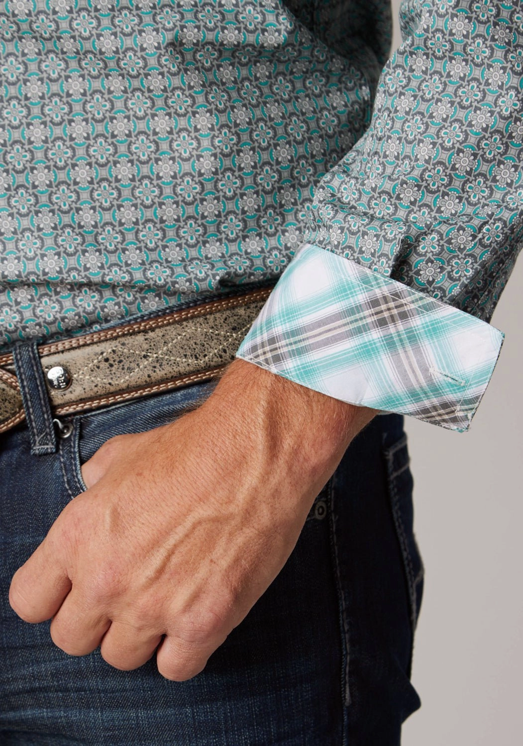 Roper Mens 2019 Silver Spring Grey 100% Cotton Btn L/S Shirt Reinforced Elbow Patches