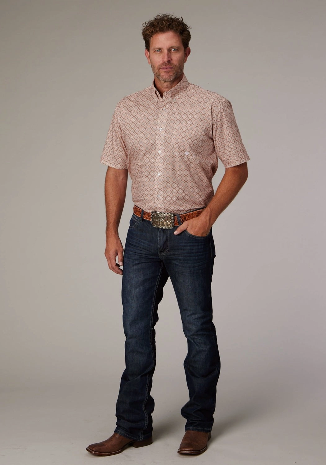 Roper Mens 2020 Medallion Clay 100% Cotton 1 Pkt S/S Shirt Summer Camp