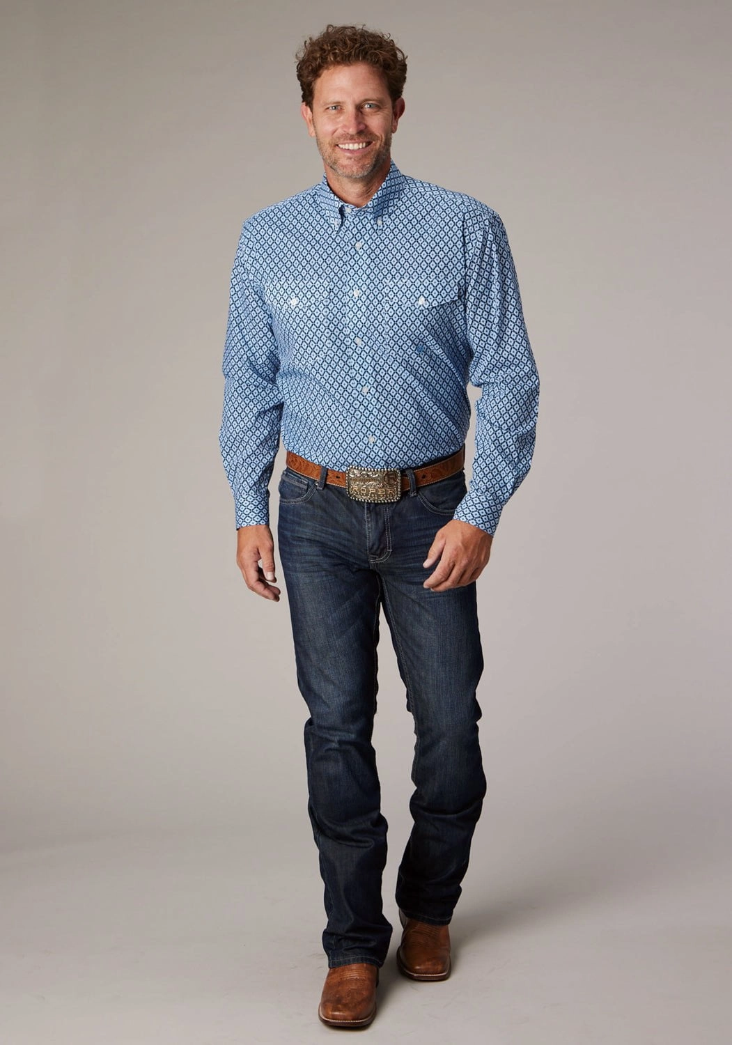 Roper Mens 2023 Foulard Blue 100% Cotton Button L/S Shirt Wardrobe Essential