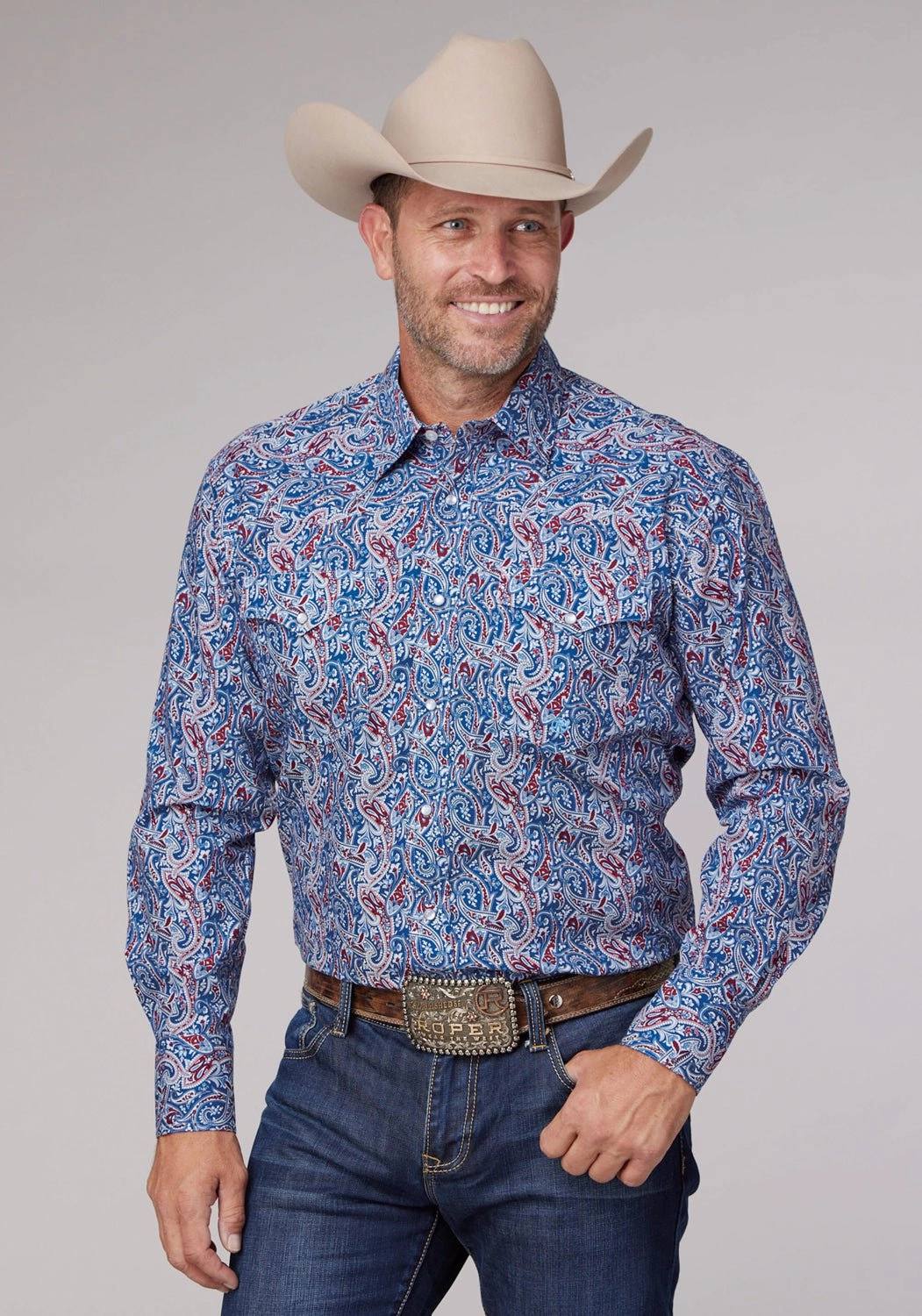 Roper Mens 2024 River Paisley Blue 100% Cotton L/S Shirt Interview Ready