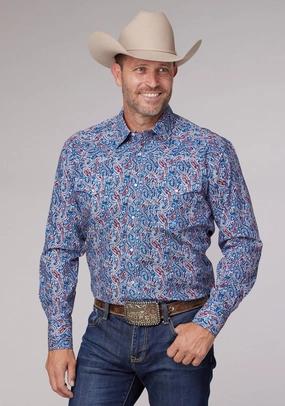 Roper Mens 2024 River Paisley Blue 100% Cotton L/S Shirt Interview Ready