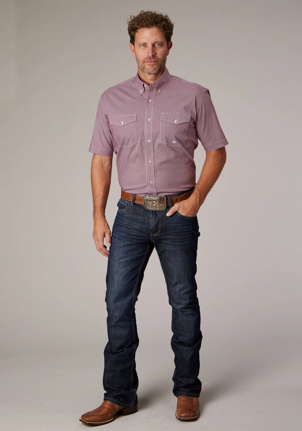 Vibrant color Roper Mens 2025 Stretch Neat Red Cotton Blend Btn S/S Shirt