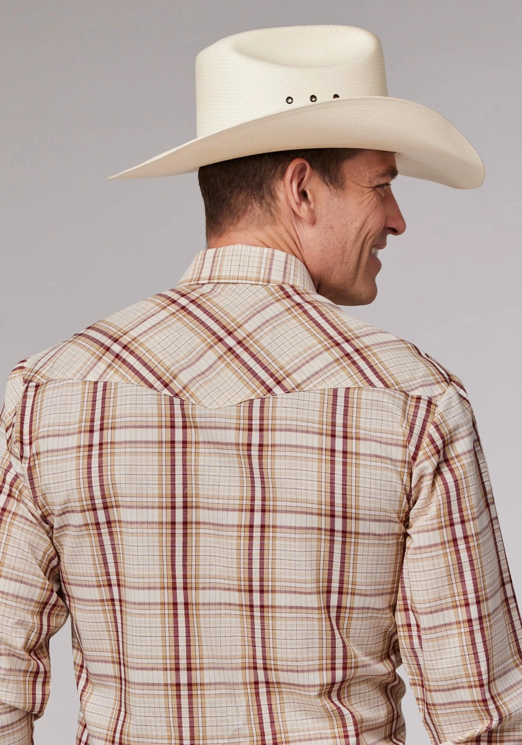 Reinforced Shoulders Roper Mens 2063 Plaid Tan/Wine Cotton Blend L/S Shirt