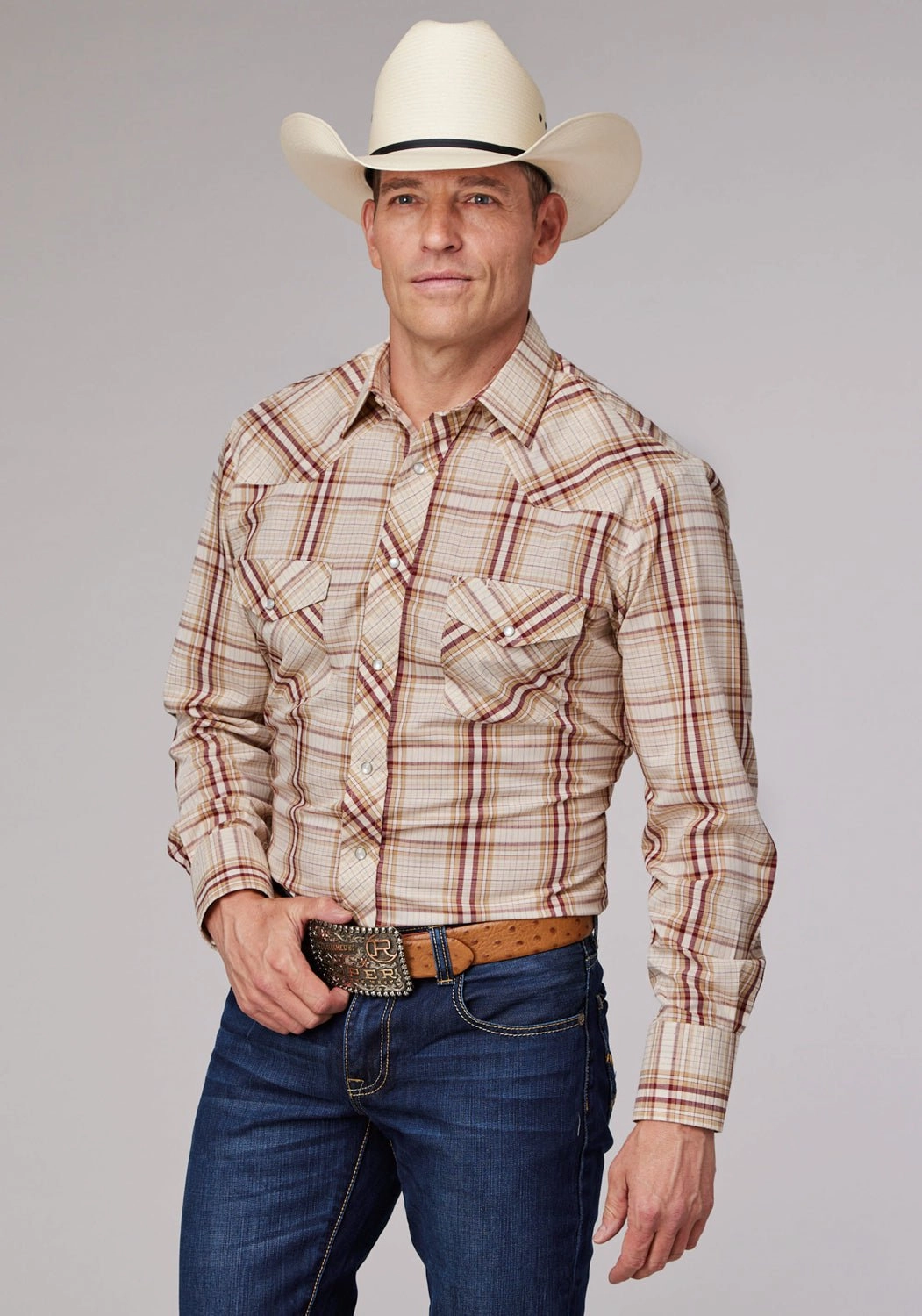 Casual Wear Roper Mens 2063 Plaid Tan/Wine Cotton Blend L/S Shirt