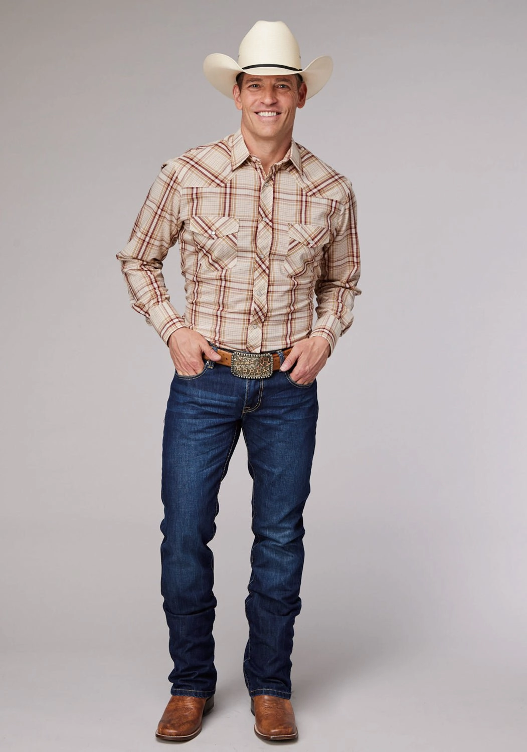 Roper Mens 2063 Plaid Tan/Wine Cotton Blend L/S Shirt Petite Cut Workwear Approved