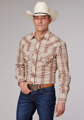 Smooth zipper closure Roper Mens 2063 Tall Plaid Tan/Cream Cotton Blend L/S Shirt