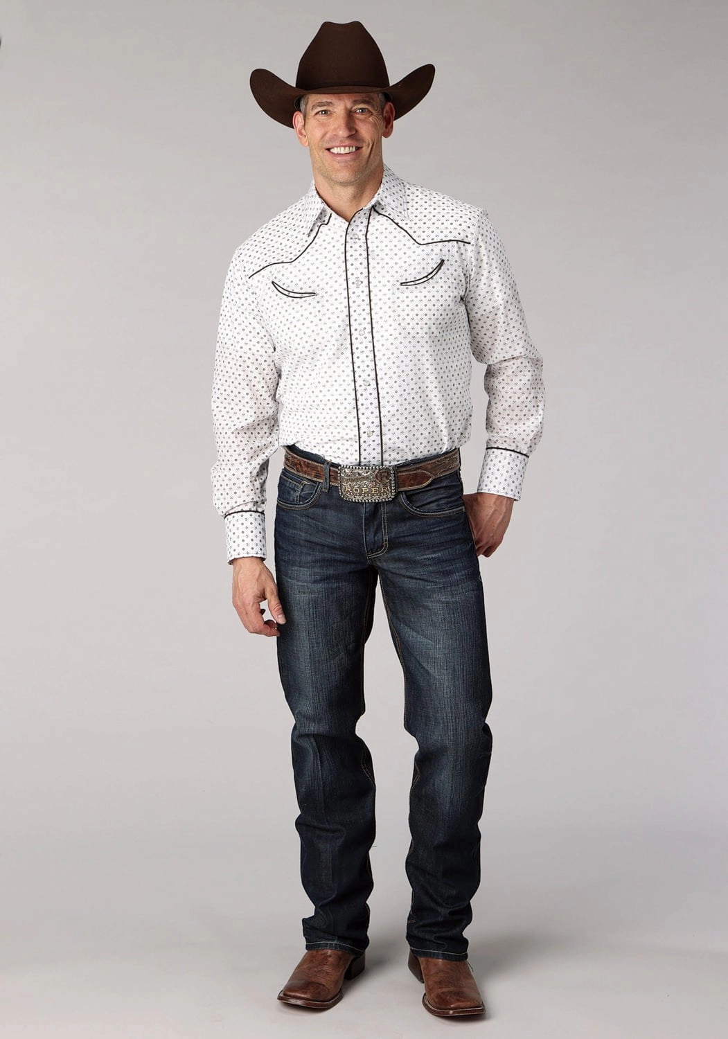 Anti Static Lining Petite Cut Roper Mens 2065 Mini Floral White/Black Cotton Blend L/S Shirt