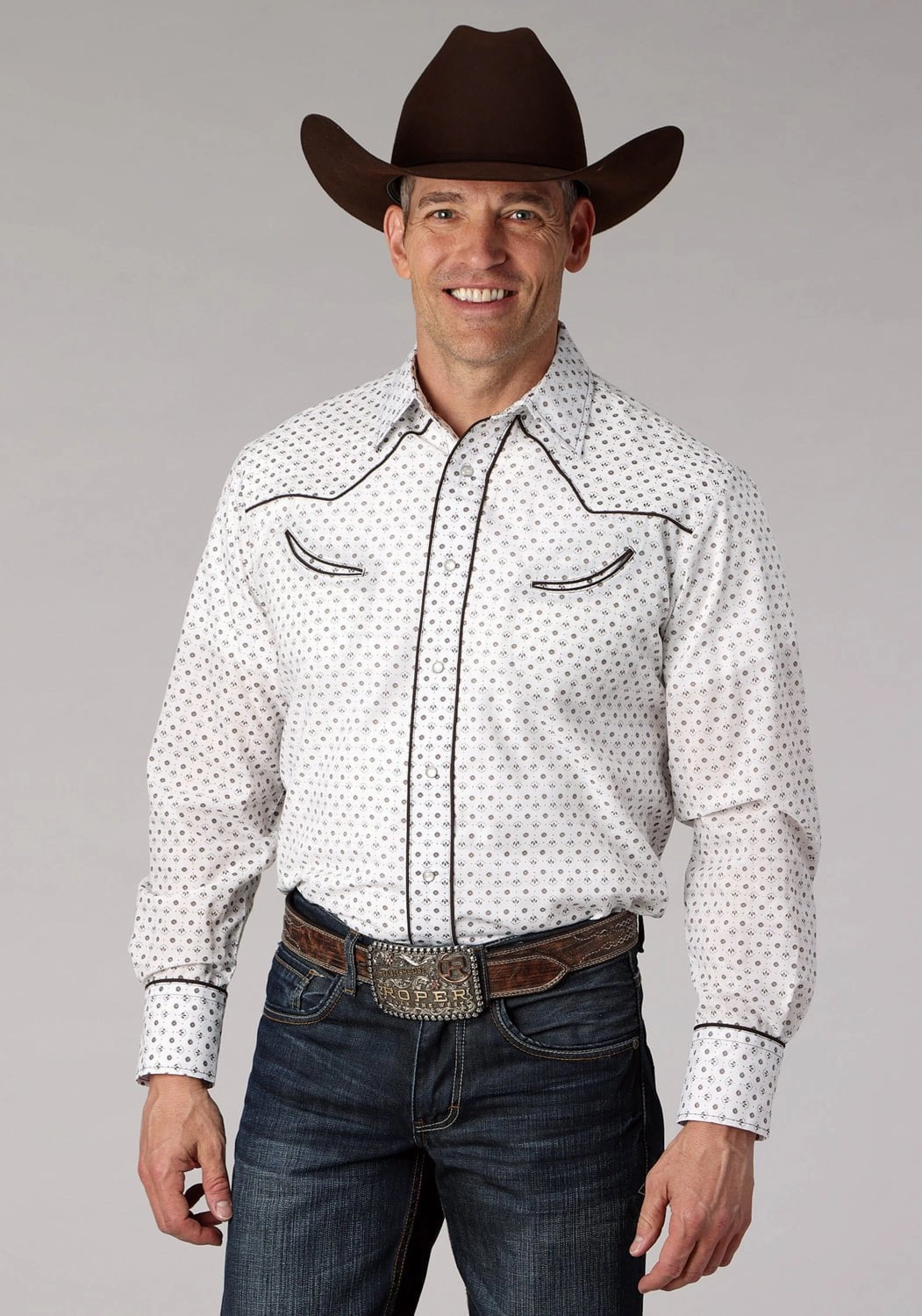 Roper Mens 2065 Mini Floral White/Black Cotton Blend L/S Shirt Summer Must-have