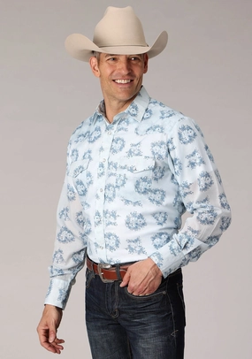 Multipurpose Utility Fitted Cut Roper Mens 2066 Multi Floral Blue Cotton Blend L/S Shirt