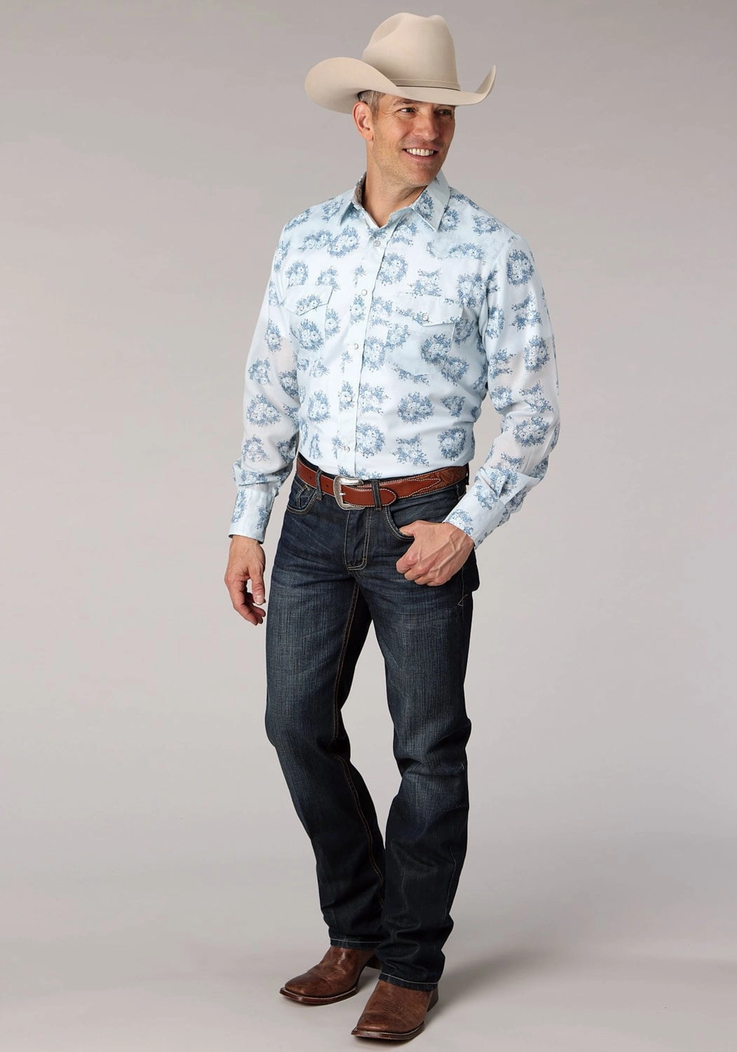 hypoallergenic Lightweight Weave Roper Mens 2066 Multi Floral Blue Cotton Blend L/S Shirt