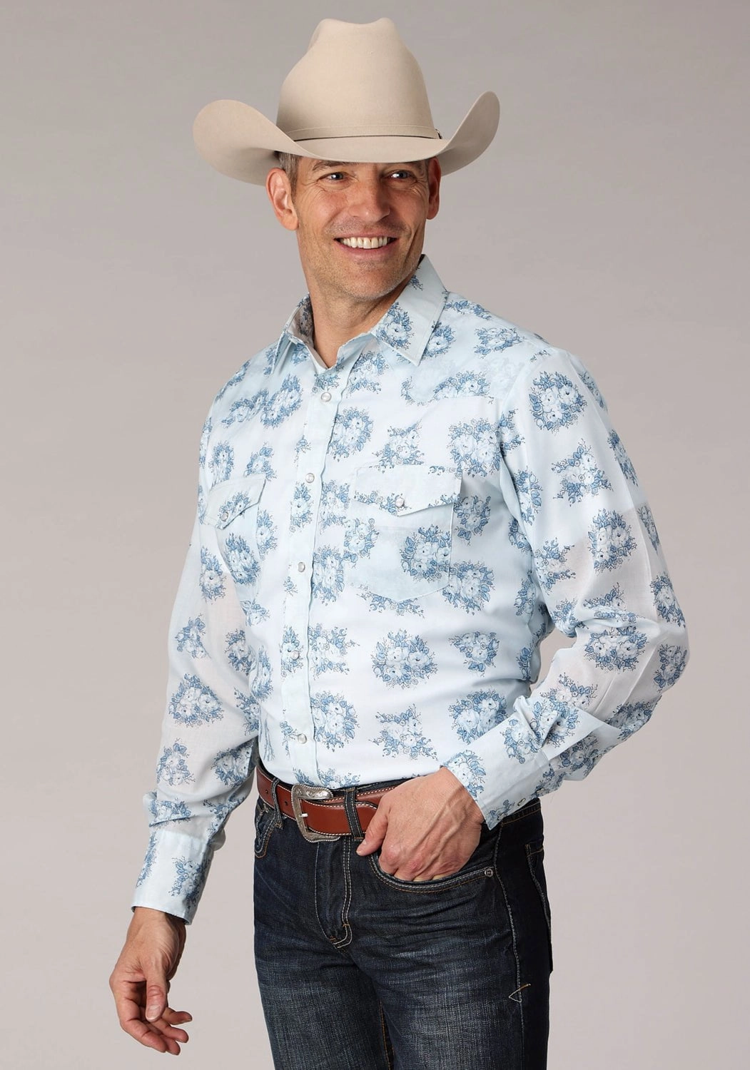 Roper Mens 2066 Multi Floral Blue Cotton Blend L/S Shirt Durable Texture UV Protective Fabric