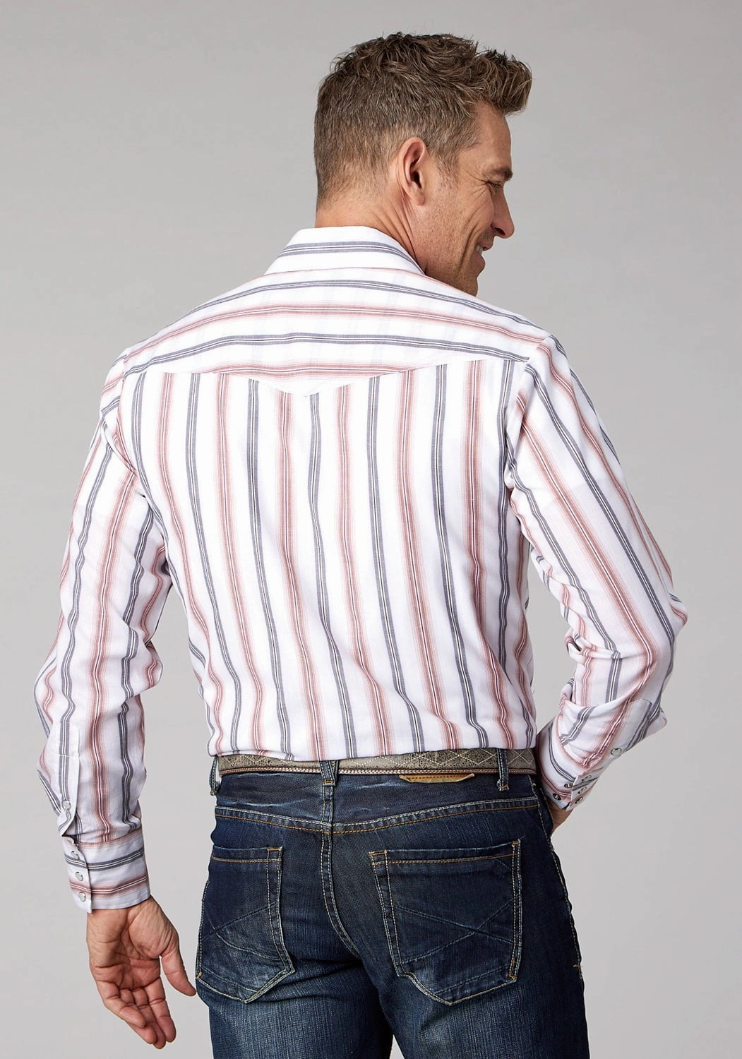 Soft Material Stylish Design Roper Mens 2068 Stripe White/Coral Cotton Blend L/S Shirt