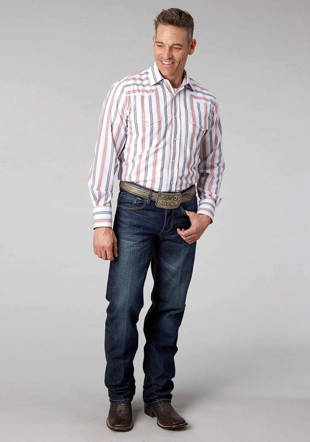 Roper Mens 2068 Stripe White/Coral Cotton Blend L/S Shirt Team Building