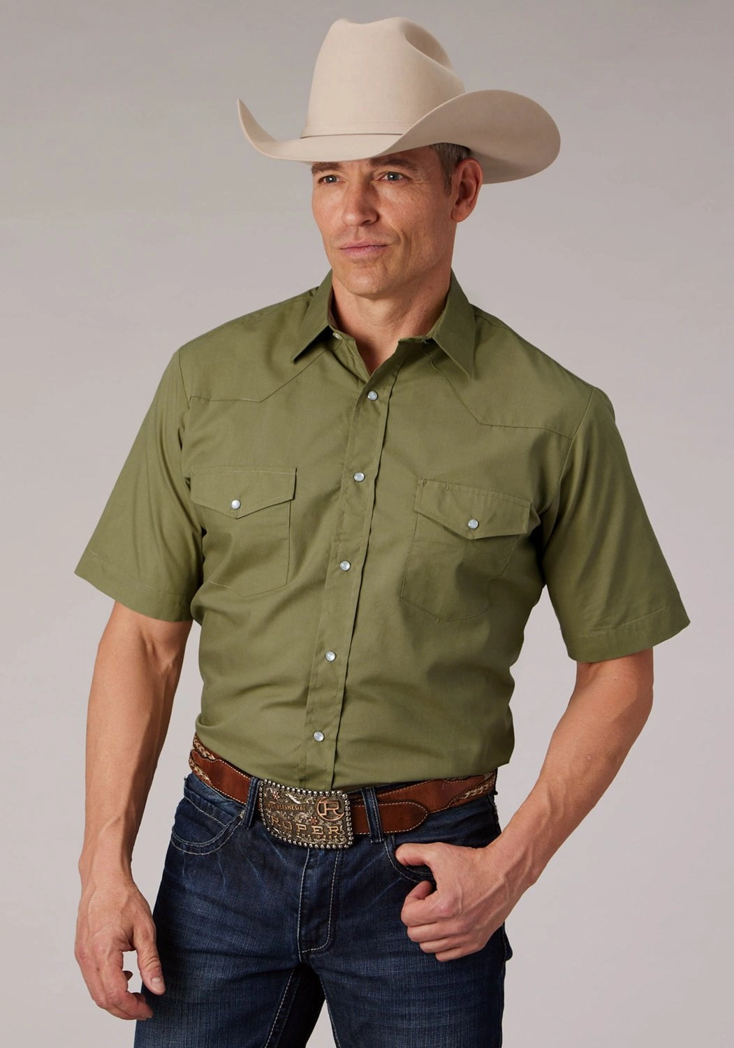 Roper Mens 2070 Broadcloth Elm Cotton Blend S/S Shirt Mountain Retreat Non Chafe Seams