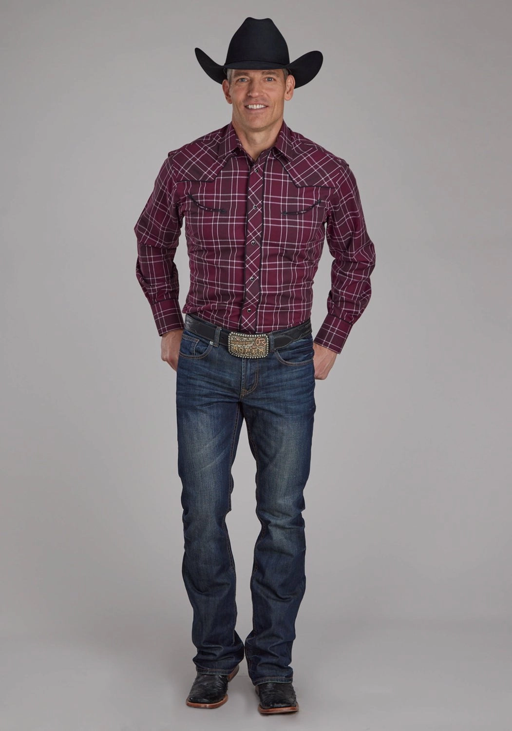 Roper Mens 2104 Plaid Wine/Black Cotton Blend L/S Shirt Casual Hangout Mountain Retreat