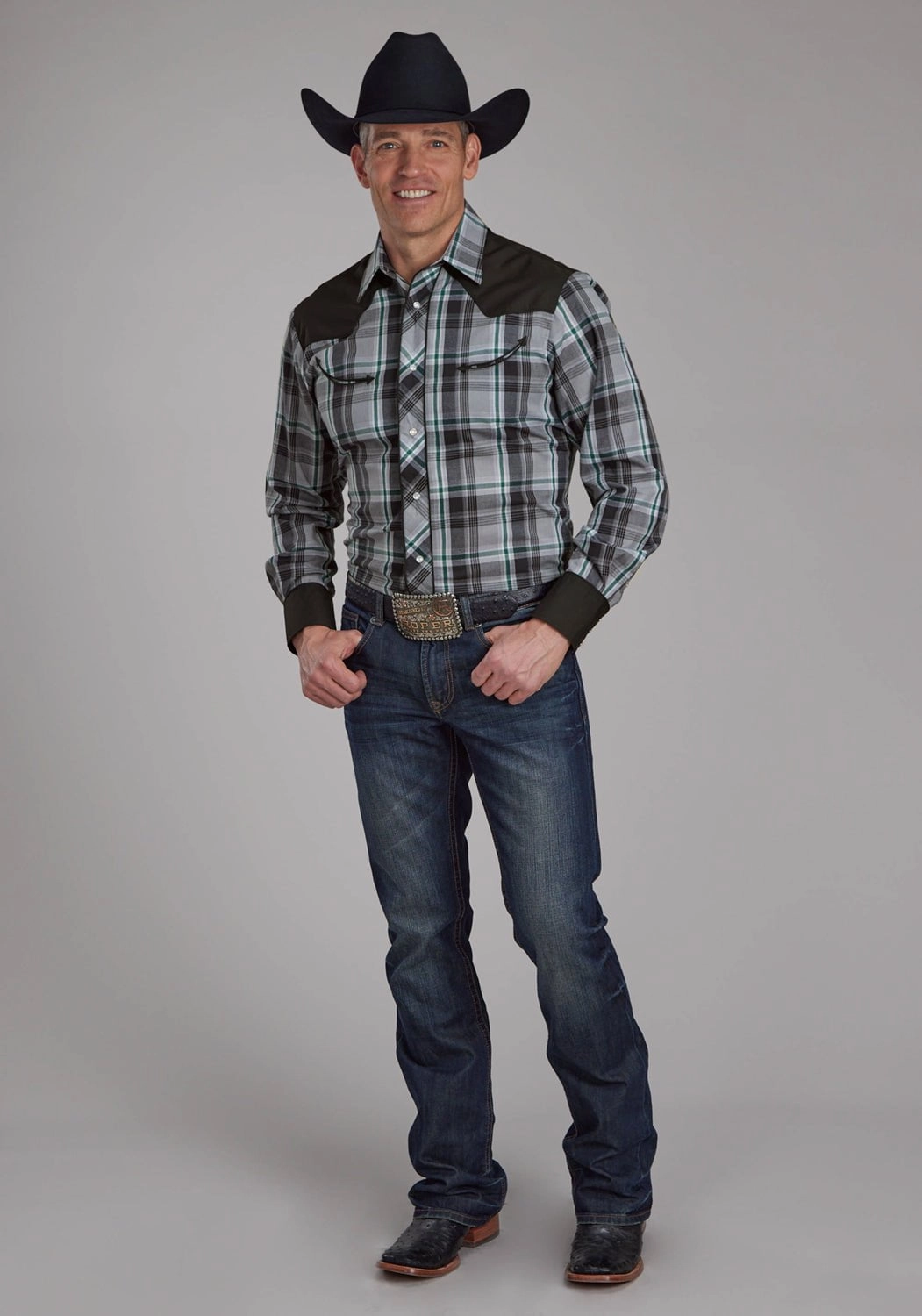 Roper Mens 2105 Plaid Retro Grey/Black Cotton Blend L/S Shirt Advanced Moisture Management Streetwear