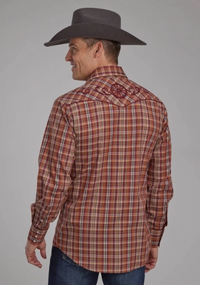 Reinforced Seams Roper Mens 2110 Plaid Wagon Wheel Wine/Rust Cotton Blend L/S Shirt