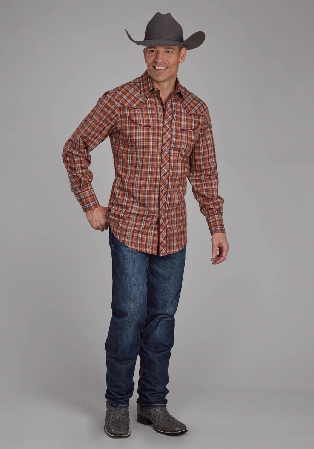 Weekend Casual Earthy Palette Roper Mens 2110 Plaid Wagon Wheel Wine/Rust Cotton Blend L/S Shirt