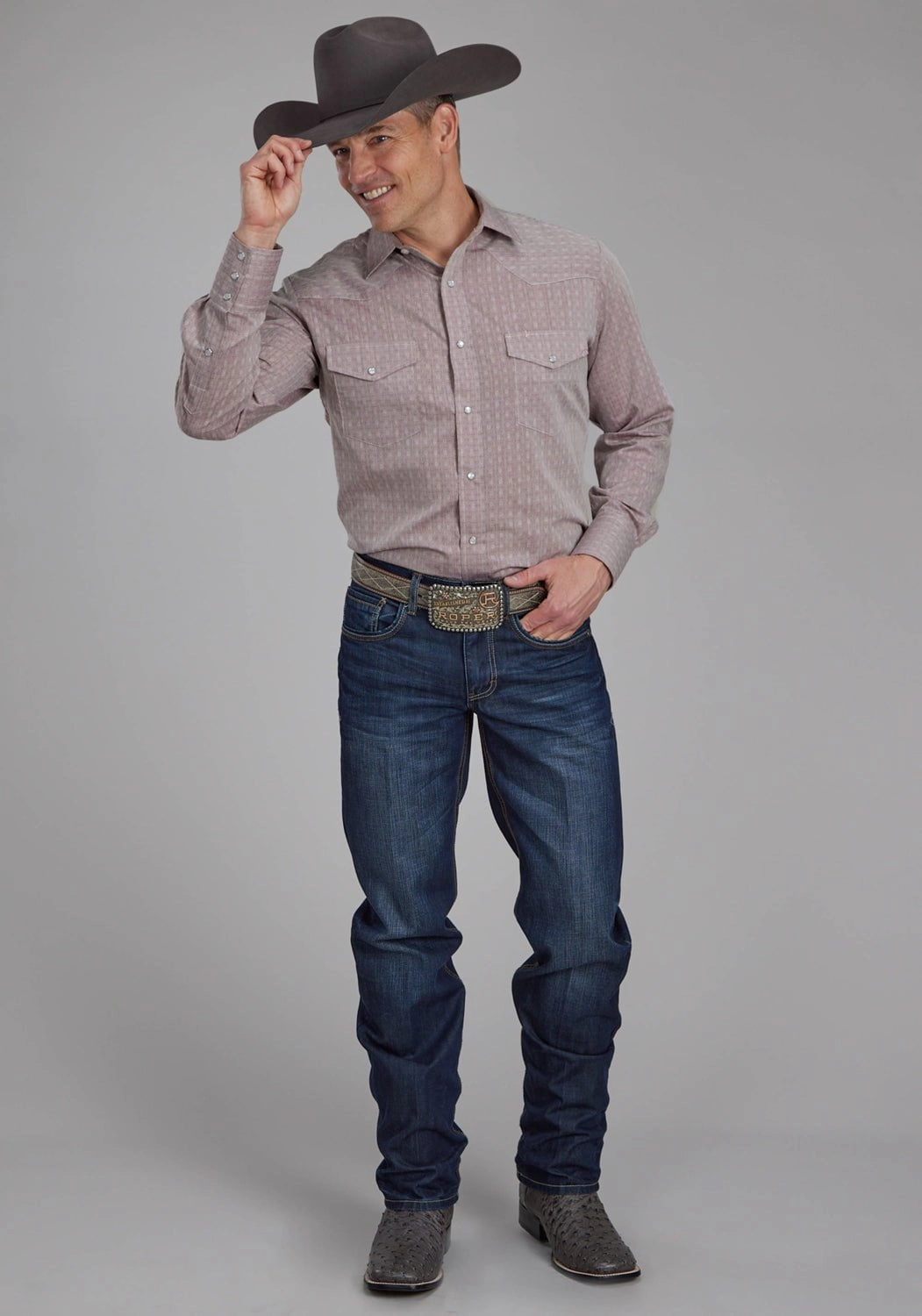 crew neck Roper Mens 2112 Allover Tone Dark Red Poly/Cotton L/S Shirt