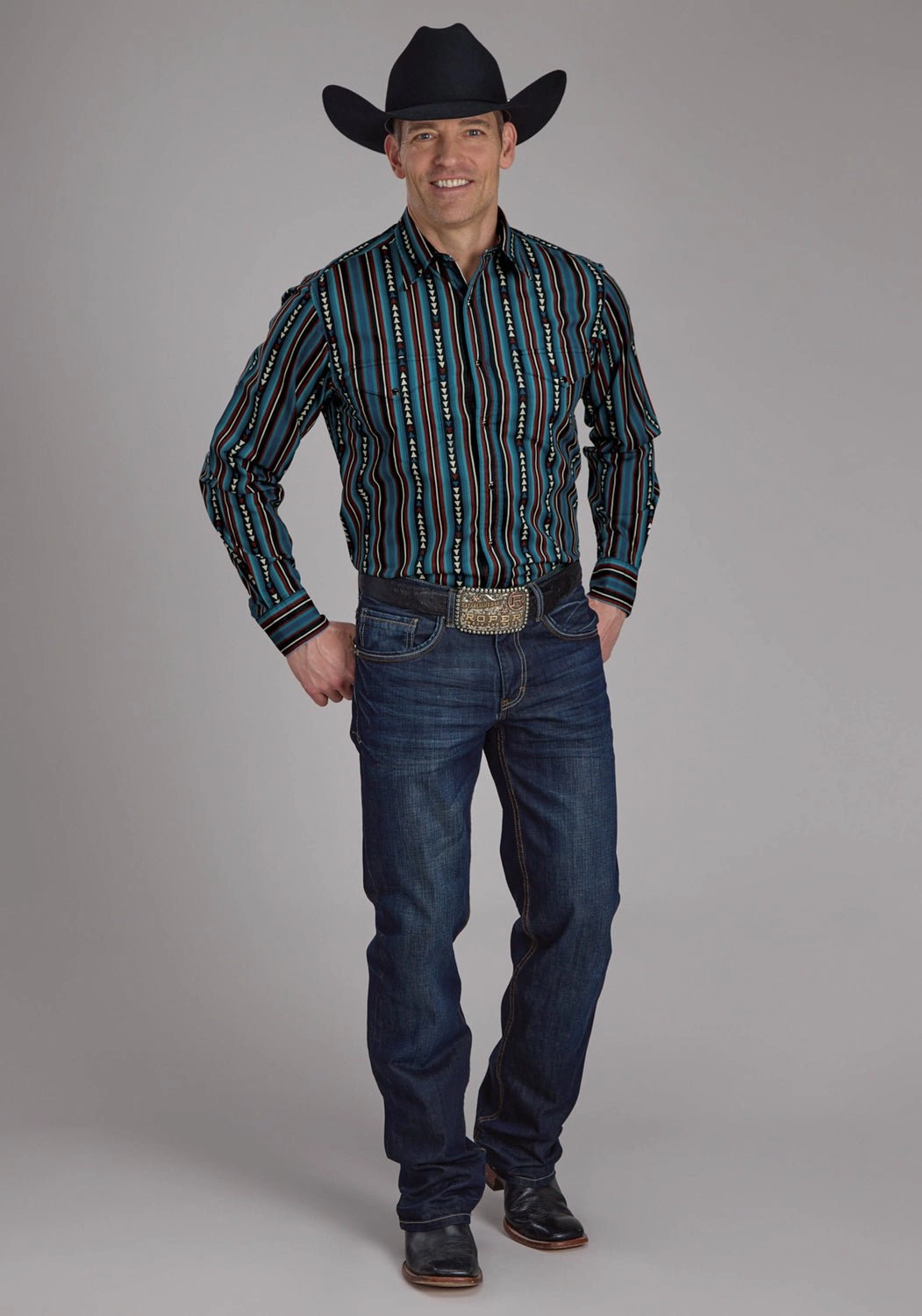 Roper Mens 2123 Vertical Stripe Blue 100% Cotton L/S Shirt Stretchable Cloth Wrinkle Resistant Material