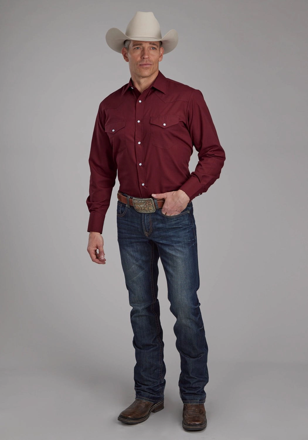 Elegant Finish Roper Mens 2124 Broadcloth Deep Wine Cotton Blend L/S Shirt