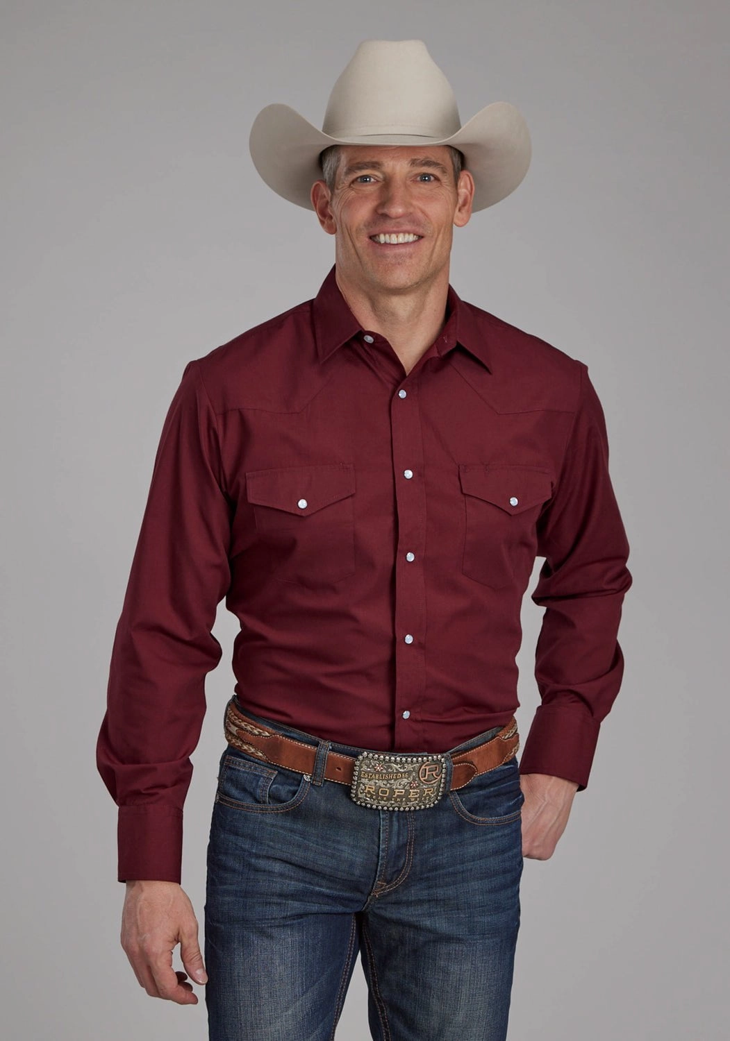 Soft Stretch Collar Roper Mens 2124 Broadcloth Deep Wine Cotton Blend L/S Shirt