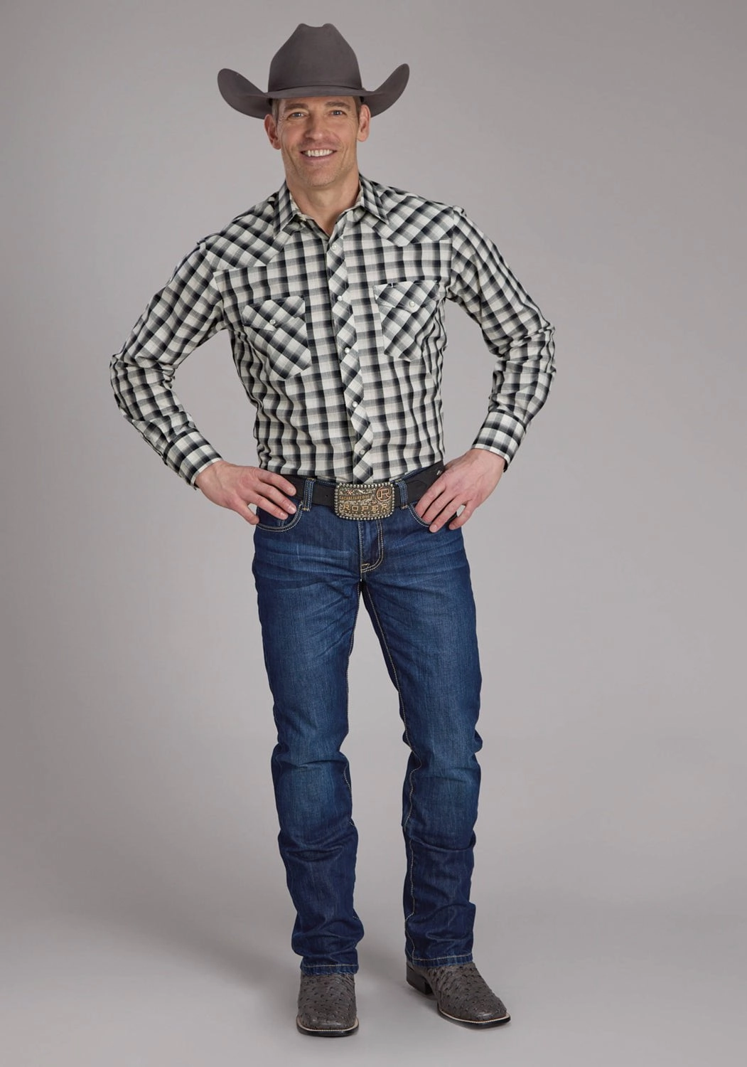 Roper Mens 2125 Plaid Blue/Black Cotton Blend L/S Shirt Chic Design