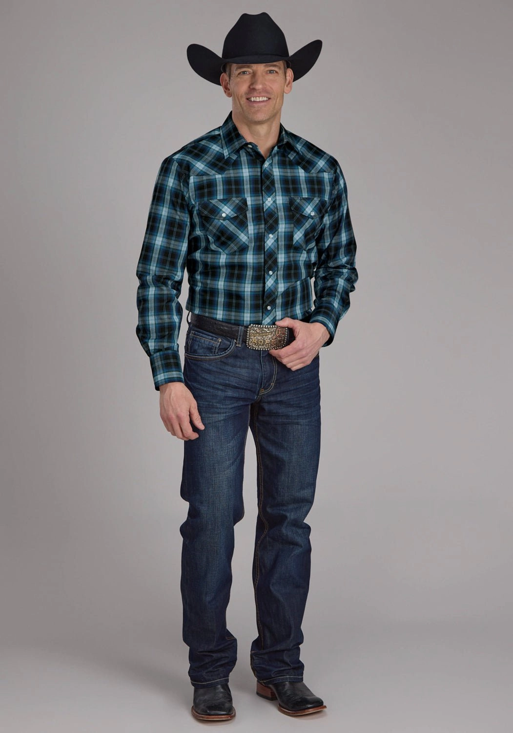 Roper Mens 2128 Windowpane Plaid Multi Blue Cotton Blend L/S Shirt Conference Appropriate