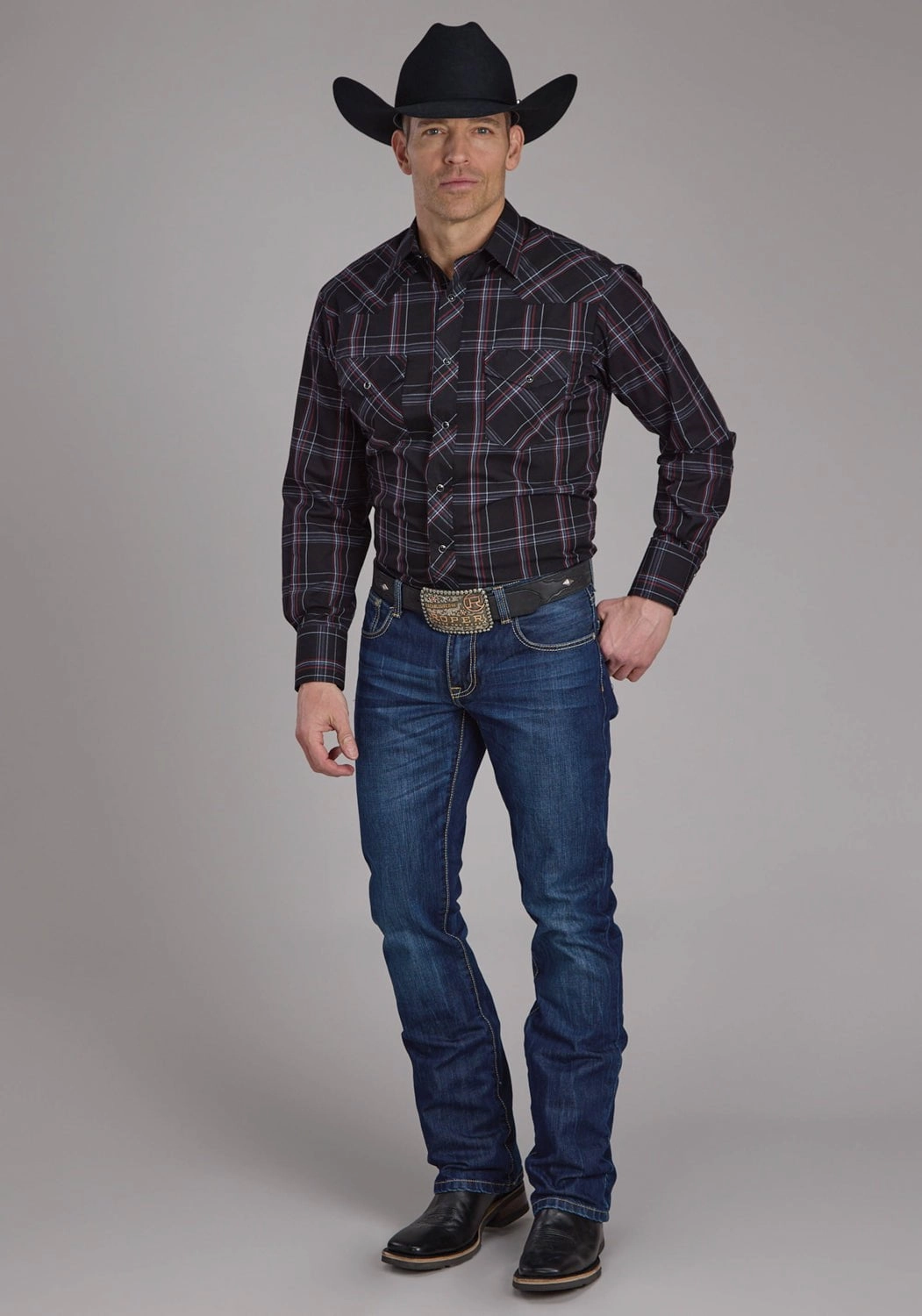 Spring Collection Roper Mens 2130 Plaid Black/Grey Cotton Blend L/S Shirt