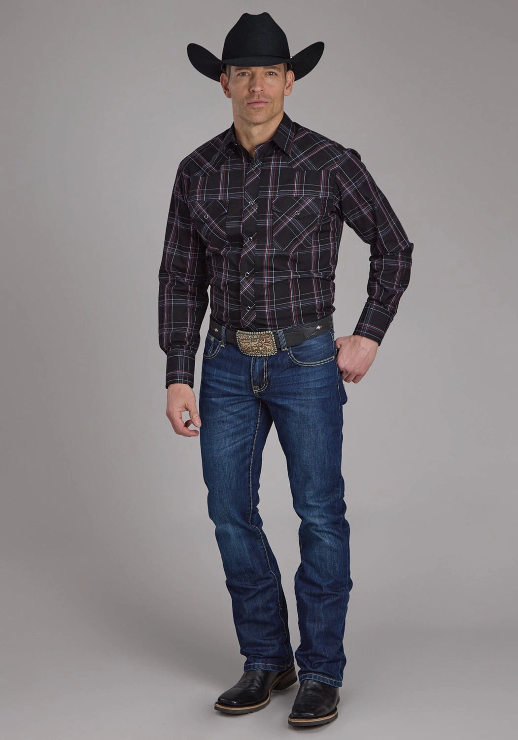 Roper Mens 2130 Plaid Black/Grey Cotton Blend L/S Shirt Urban Fashion