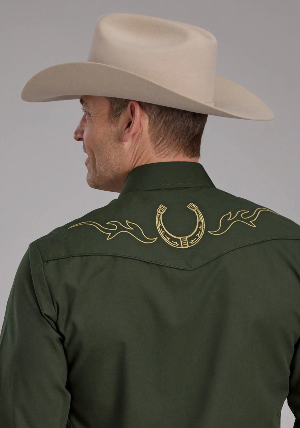 Roper Mens 2132 Horseshoes Dark Olive Cotton Blend L/S Shirt Formal Elegance