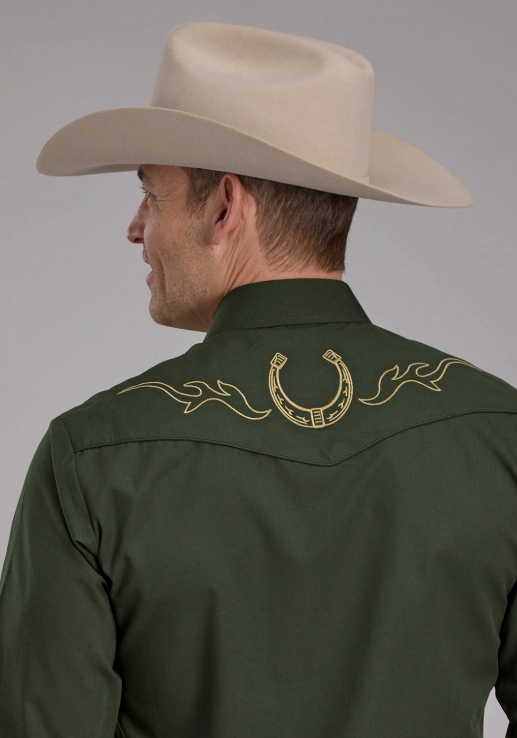 Roper Mens 2132 Horseshoes Dark Olive Cotton Blend L/S Shirt Advanced Moisture Management