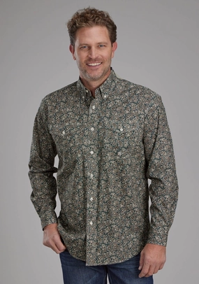 Rooftop Bar Roper Mens 2150 Oak Paisley Brown 100% Cotton Btn L/S Shirt