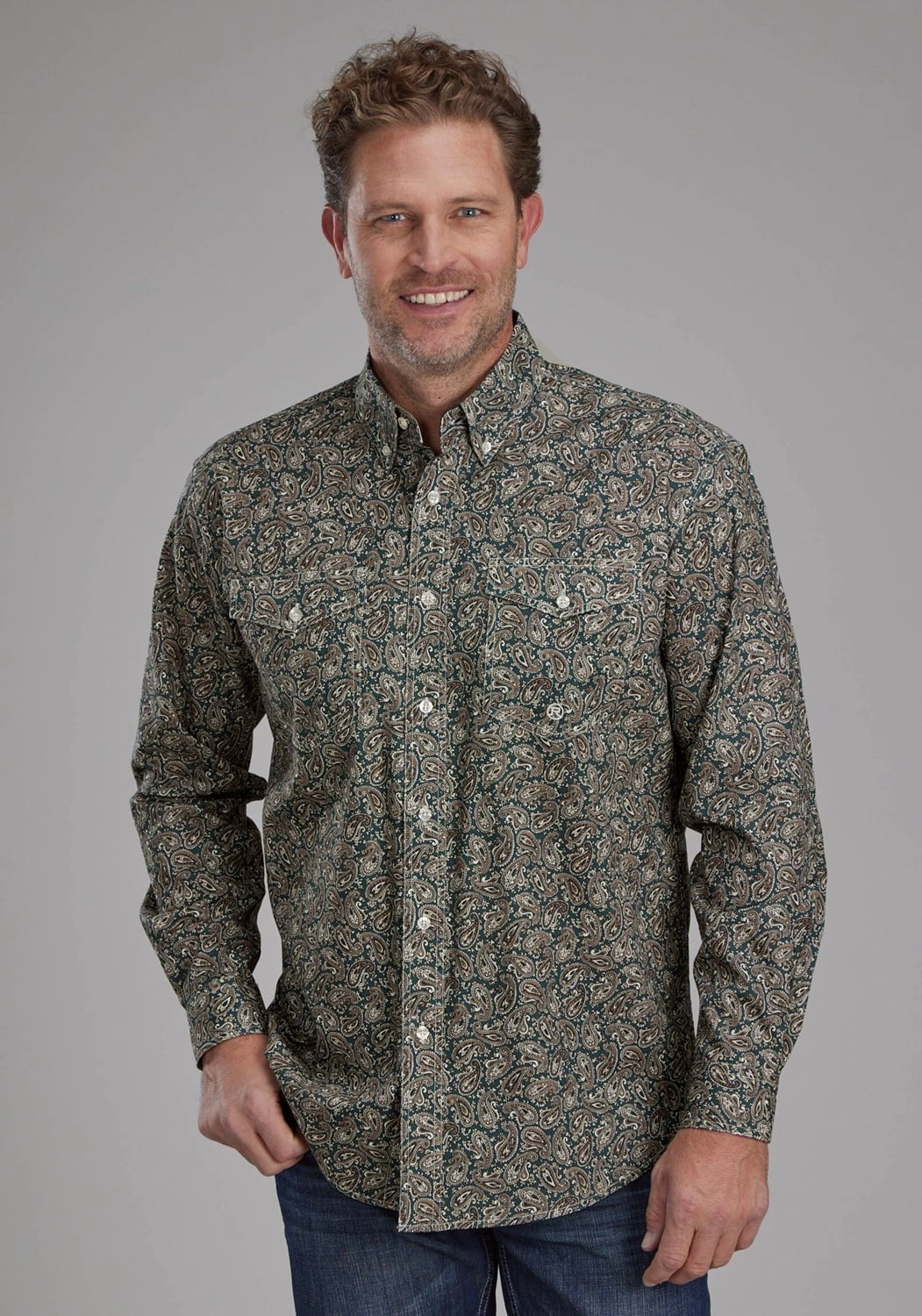 Rooftop Bar Roper Mens 2150 Oak Paisley Brown 100% Cotton Btn L/S Shirt