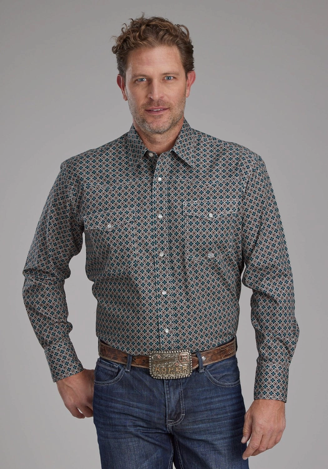 Compact Fold Design Urban Wear Roper Mens 2151 Acorn Foulard Brown 100% Cotton L/S Shirt