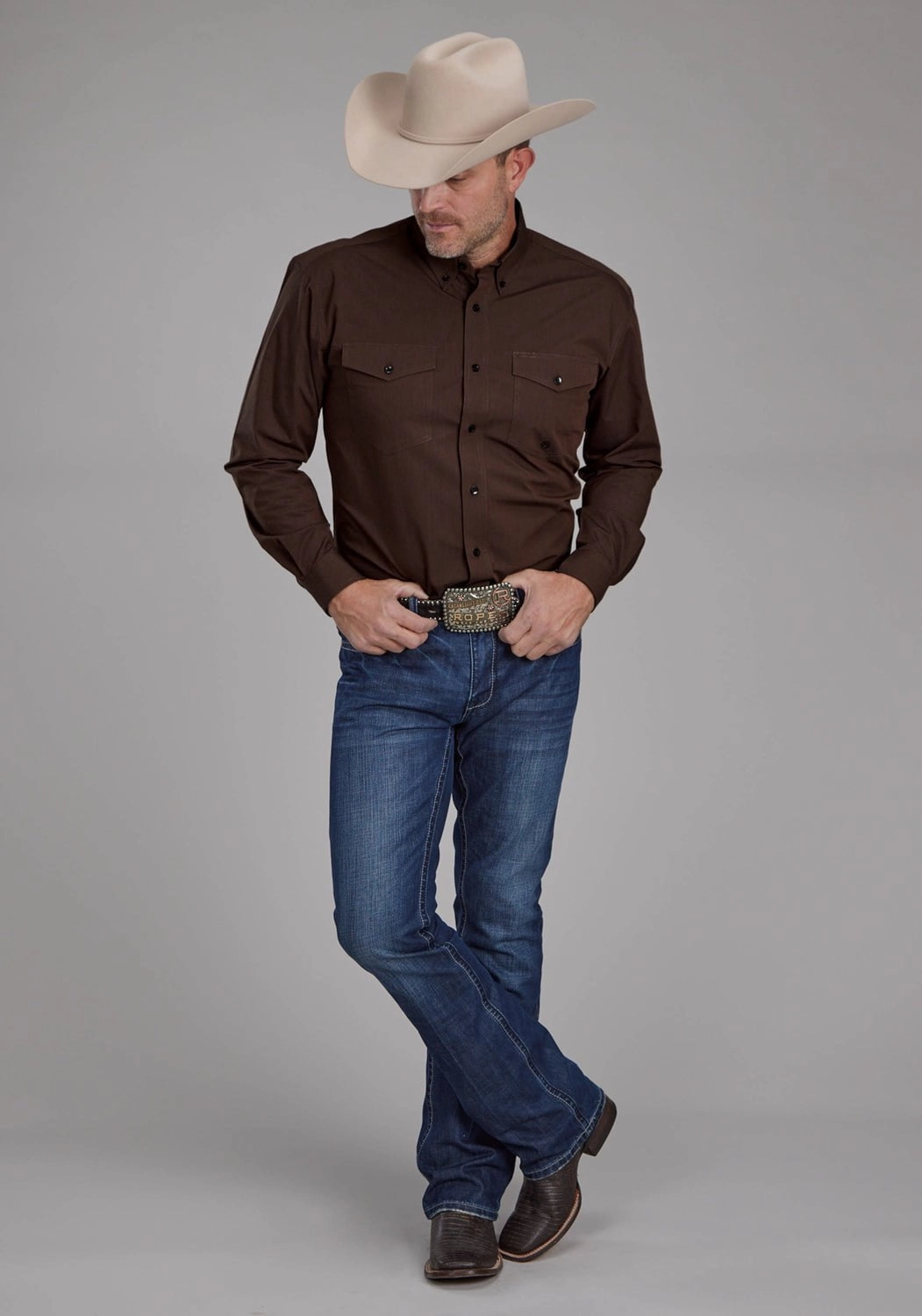 shopping spree Weekend Style Roper Mens 2162 Black Fill Brown 100% Cotton Btn L/S Shirt