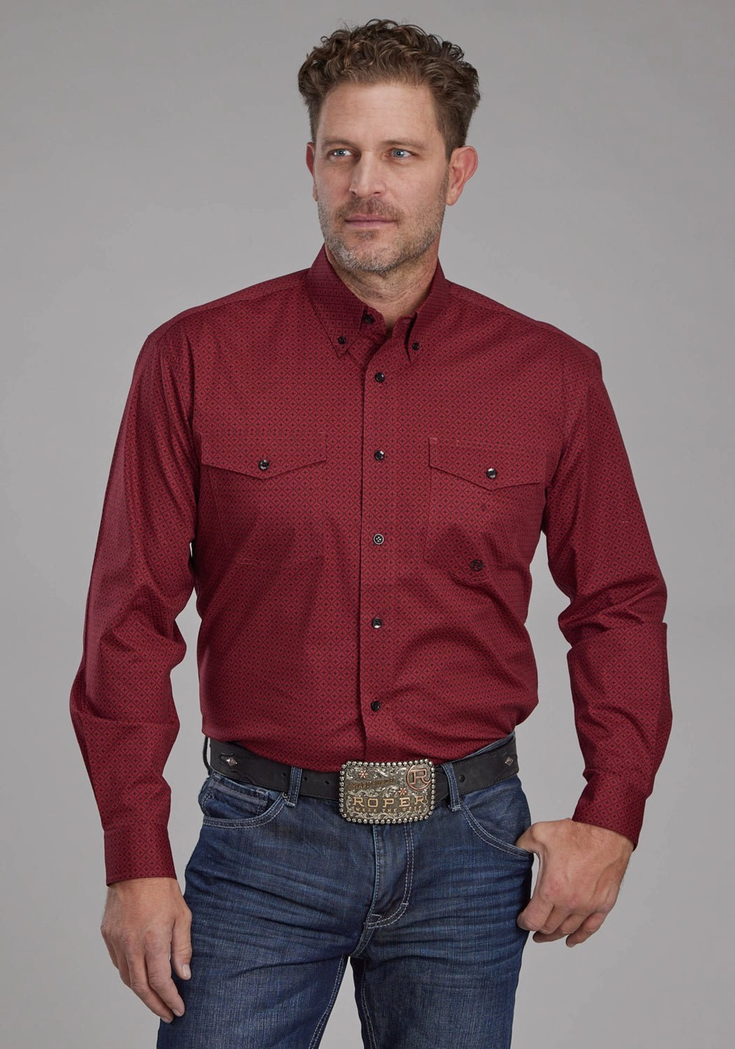 Roper Mens 2163 Diamond Stretch Red Cotton Blend Btn L/S Shirt Resort Wear